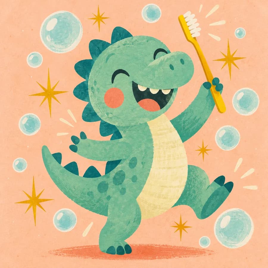 A smiling dinosaur with a toothbrush, surrounded by bubbles