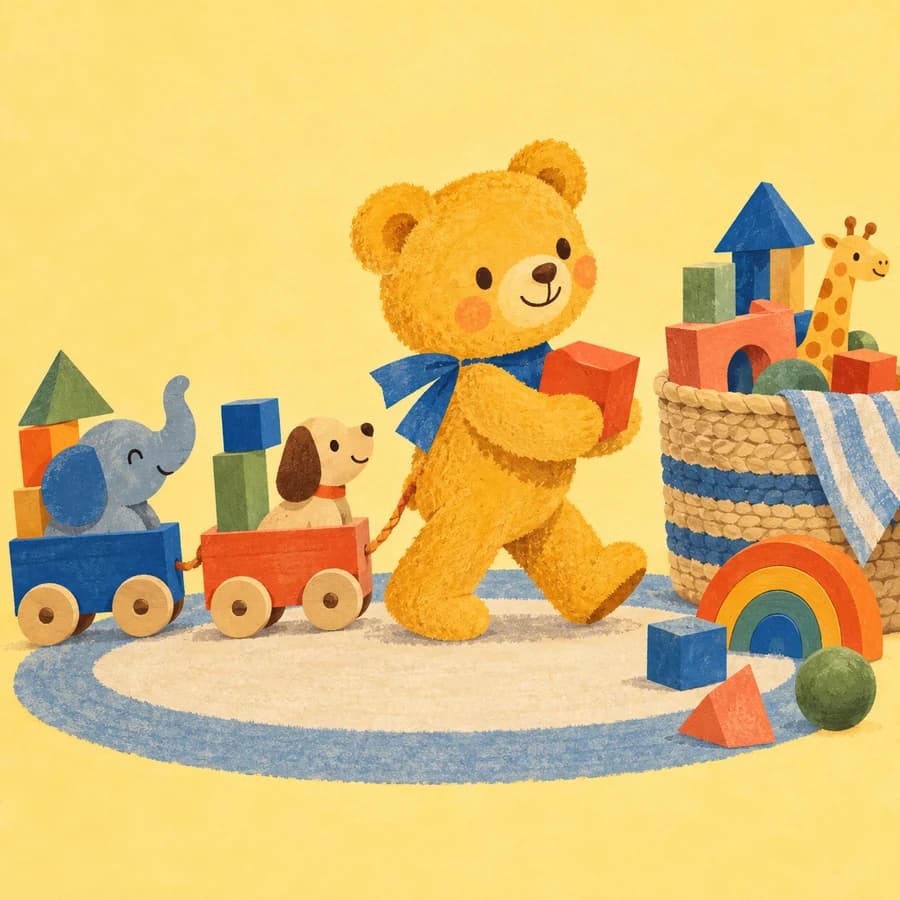 A teddy bear leading toy cars and blocks toward their basket
